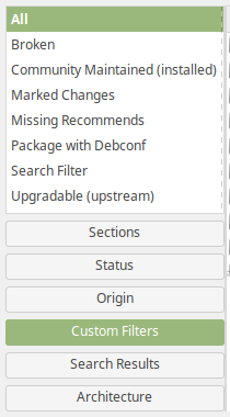 Shows the category selector in the Synaptic Package Manager main window.