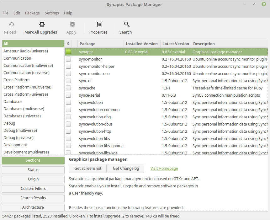 Shows Synaptic Package Manager main window. Contains titlebar, menubar, toolbar, display area, and scrollbars. Menubar contains File, View, Settings, and Help menus.
