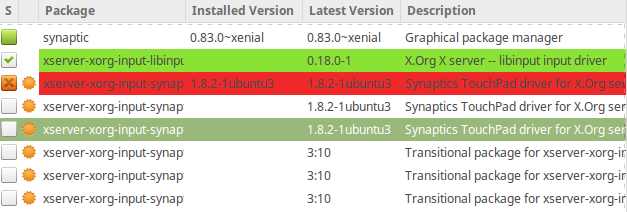 Shows the package list in the Synaptic Package Manager main window.