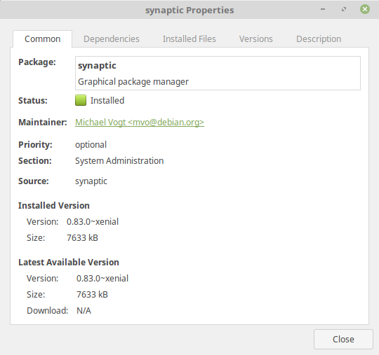 Shows the package details in the Synaptic Package Manager main window.